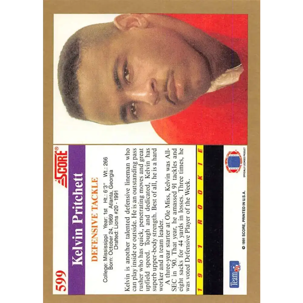 1991 Score #599 Kelvin Pritchett EX Excellent RC Rookie Ole Miss Rebels Football Card - Football Card Single