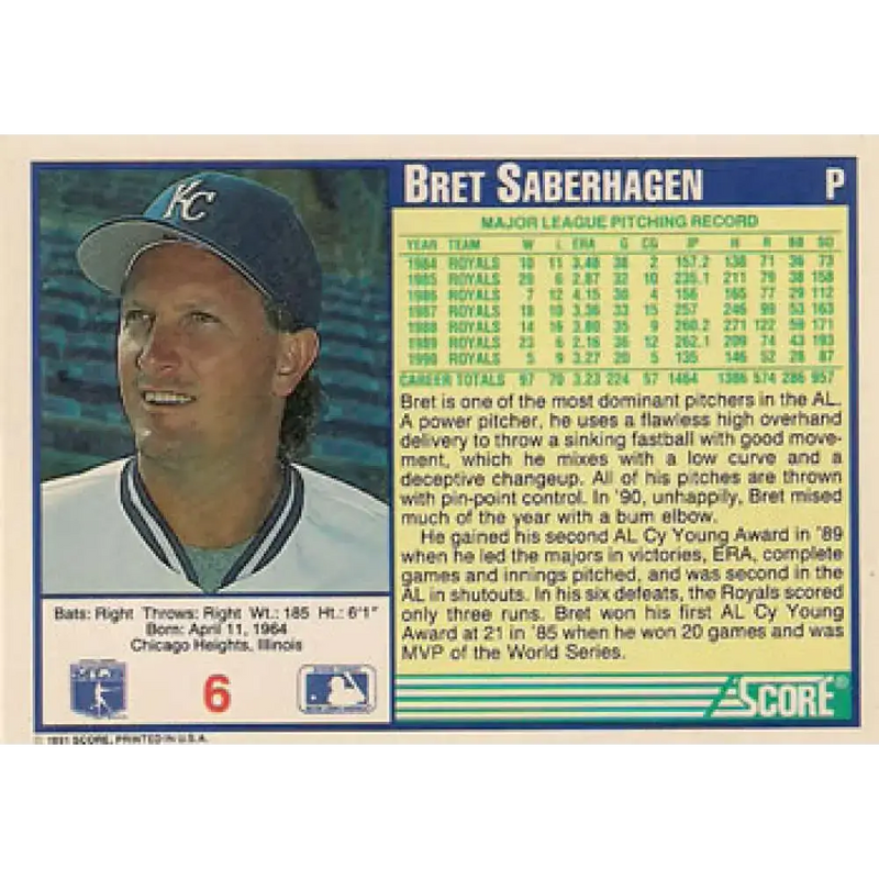 1991 Score #6 Bret Saberhagen UER NM-MT Kansas City Royals Baseball Card - Baseball Card Single