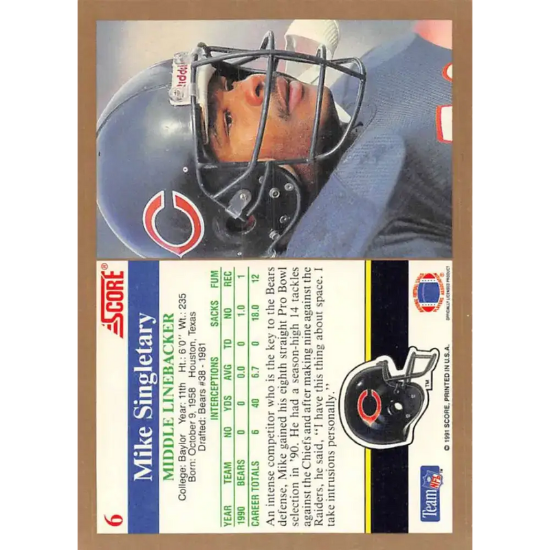 1991 Score #6 Mike Singletary EX Excellent Chicago Bears Football Card - Football Card Single