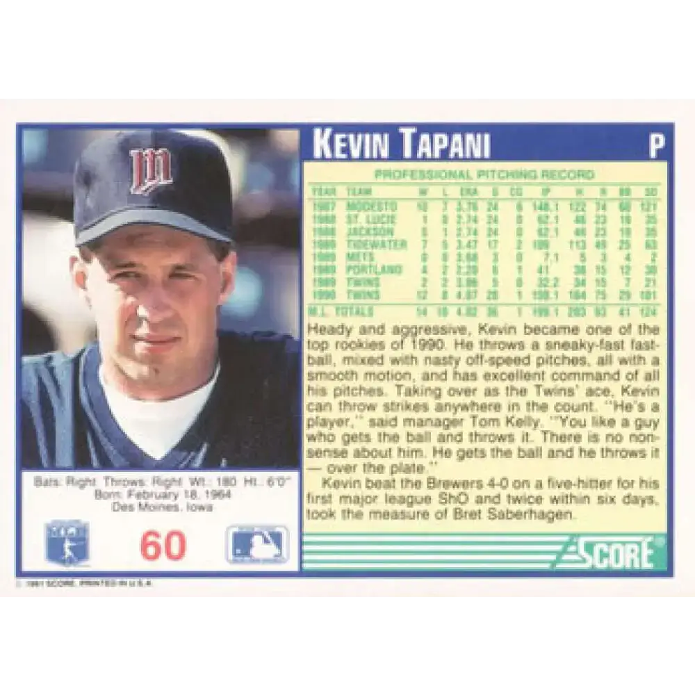 1991 Score #60 Kevin Tapani NM-MT Minnesota Twins Baseball Card - Baseball Card Single
