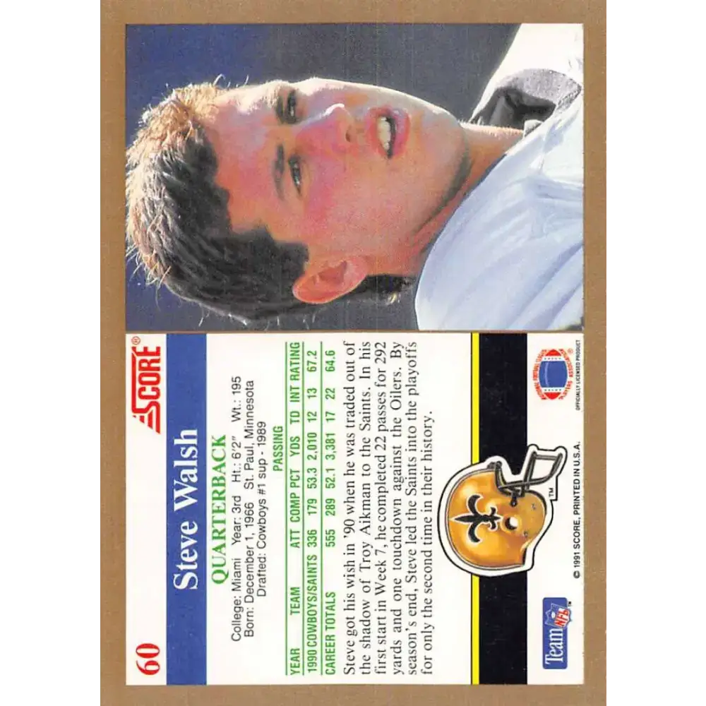 1991 Score #60 Steve Walsh EX Excellent New Orleans Saints Football Card - Football Card Single