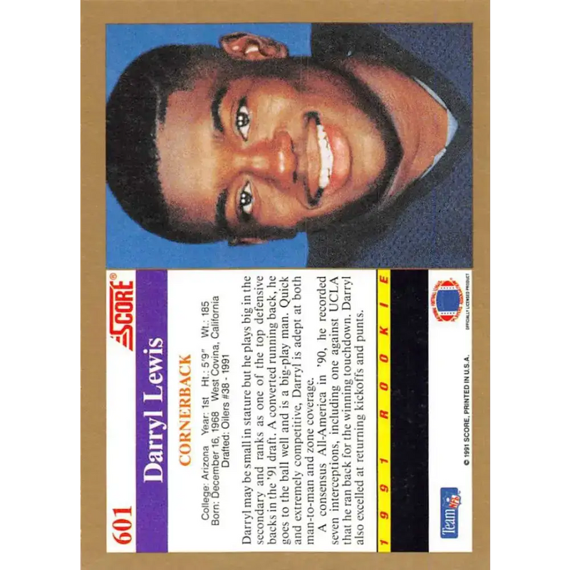 1991 Score #601 Darryll Lewis EX Excellent RC Rookie Arizona Wildcats Football Card - Football Card Single