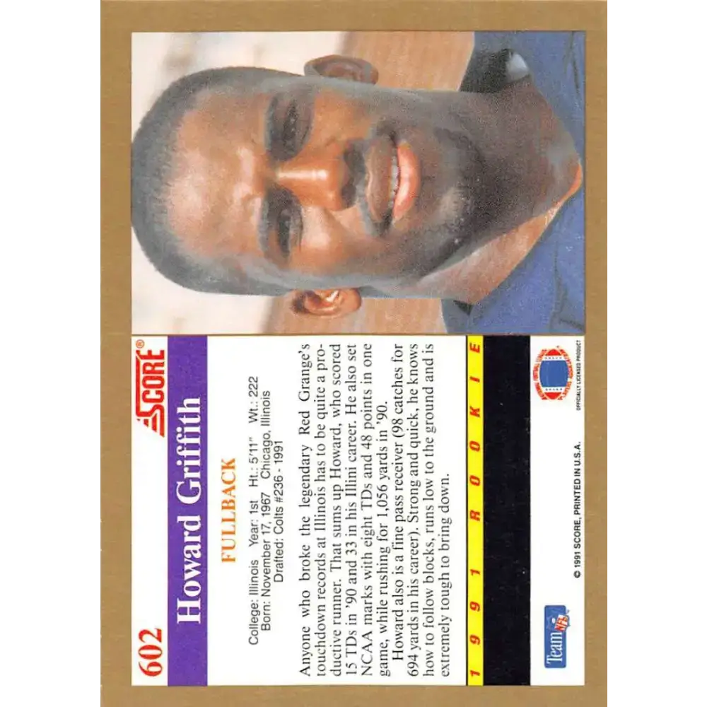 1991 Score #602 Howard Griffith EX Excellent RC Rookie Illinois Fighting Illini Football Card - Football Card Single