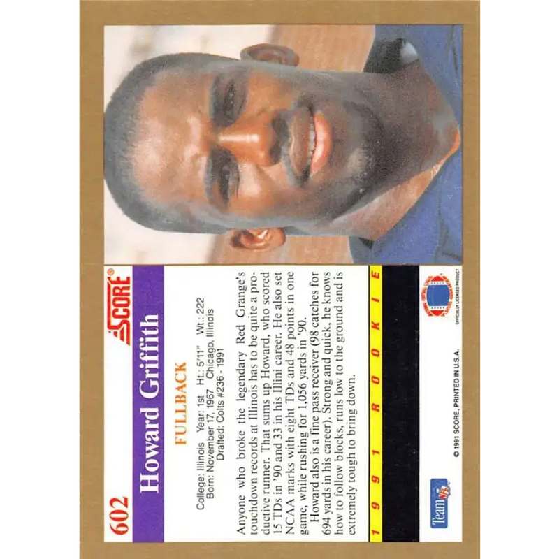 1991 Score #602 Howard Griffith EX Excellent RC Rookie Illinois Fighting Illini Football Card - Football Card Single