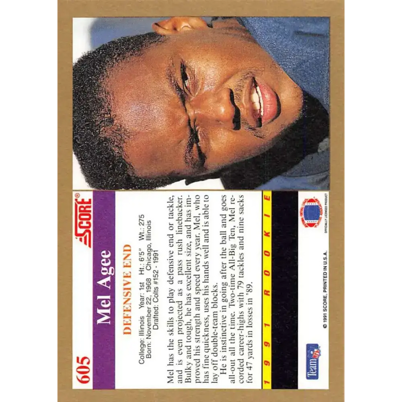 1991 Score #605 Mel Agee EX Excellent RC Rookie Illinois Fighting Illini Football Card - Football Card Single