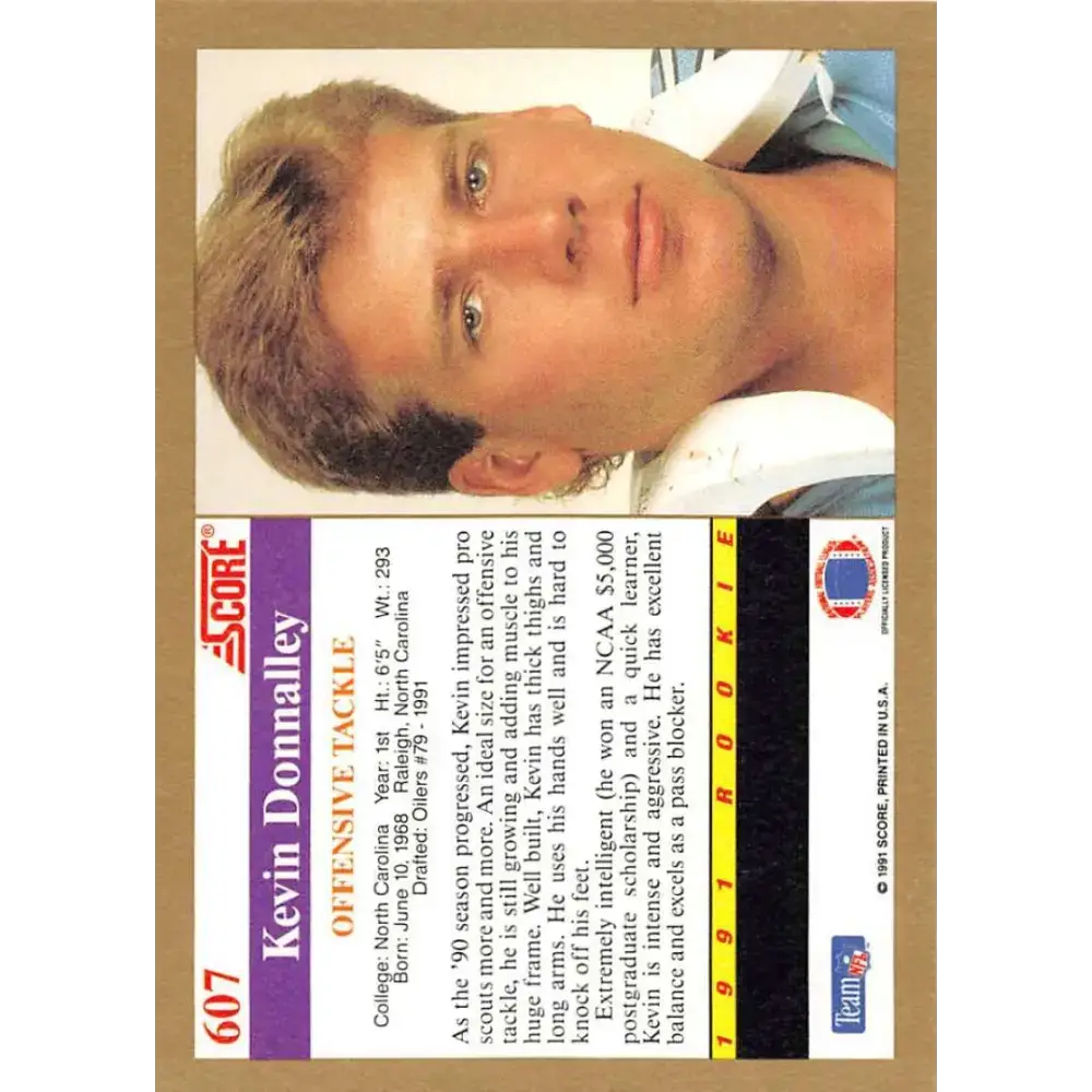 1991 Score #607 Kevin Donnalley EX Excellent RC Rookie North Carolina Tar Heels Football Card - Football Card Single