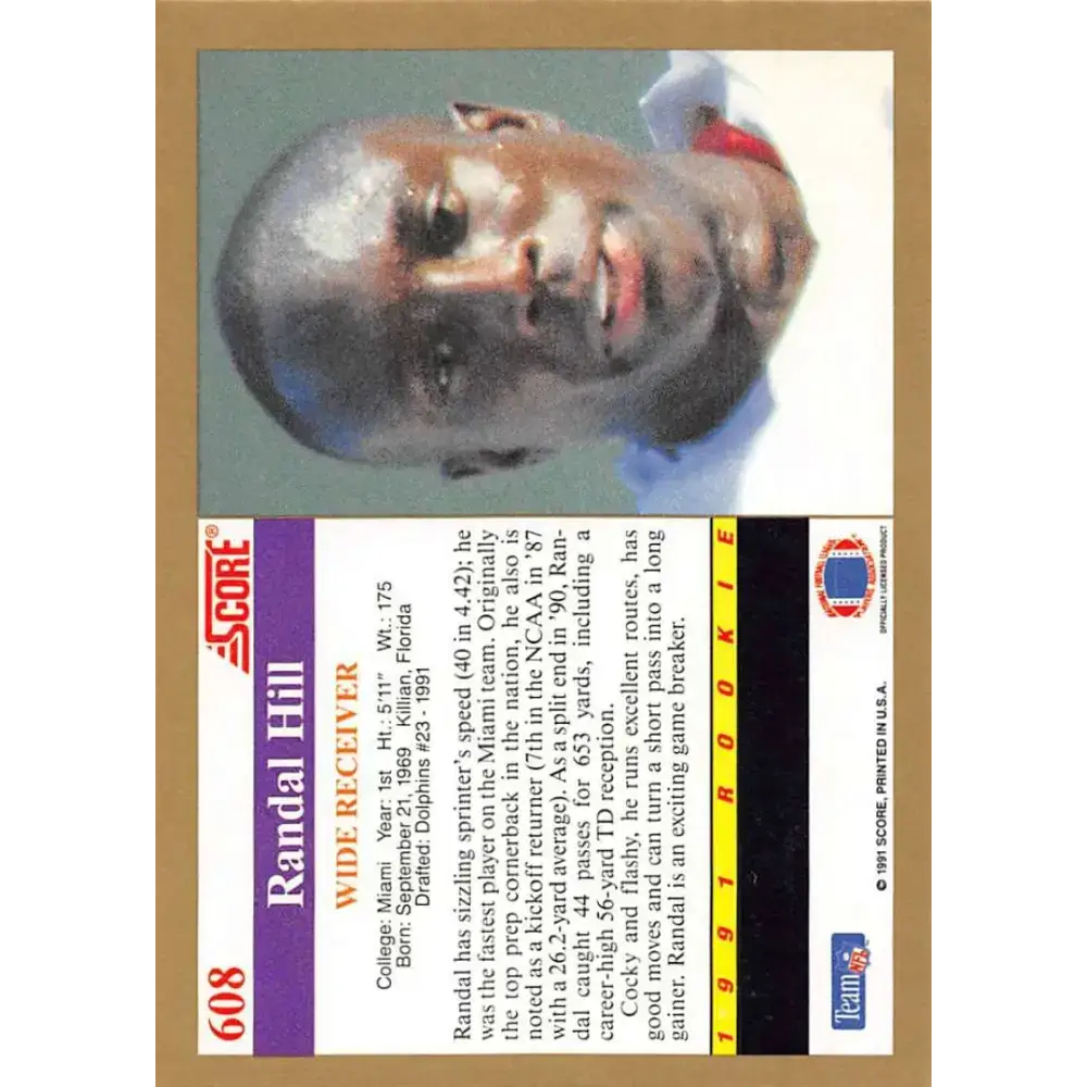 1991 Score #608 Randal Hill EX Excellent RC Rookie Miami Hurricanes Football Card - Football Card Single