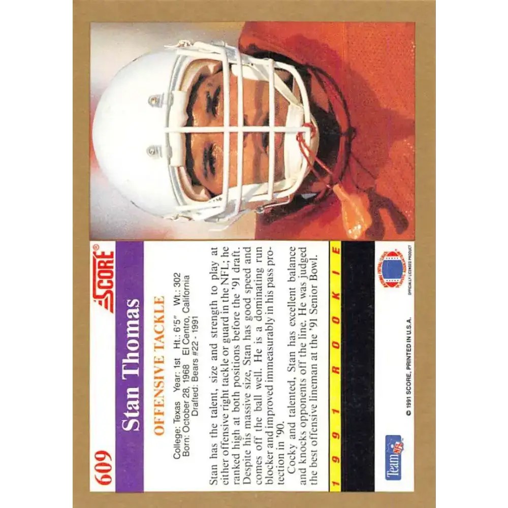 1991 Score #609 Stan Thomas EX Excellent RC Rookie Texas Longhorns Football Card - Football Card Single