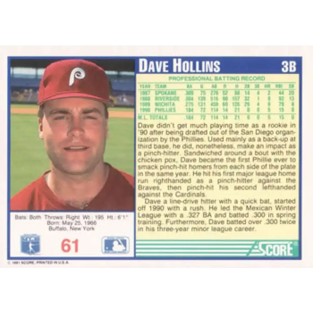1991 Score #61 Dave Hollins NM-MT Philadelphia Phillies Baseball Card - Baseball Card Single