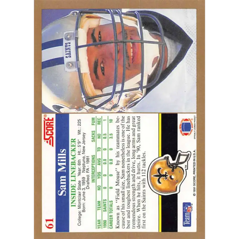 1991 Score #61 Sam Mills EX Excellent New Orleans Saints Football Card - Football Card Single