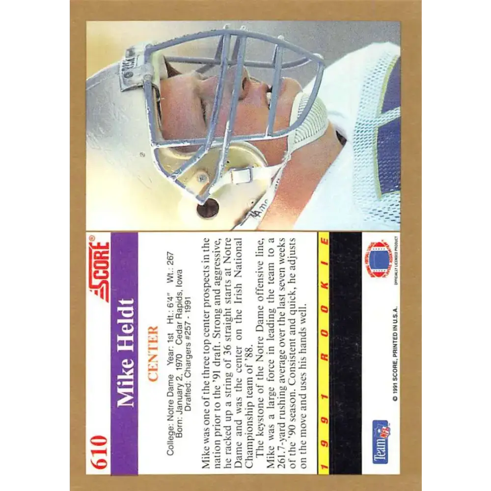1991 Score #610 Mike Heldt EX Excellent RC Rookie Notre Dame Fighting Irish Football Card - Football Card Single