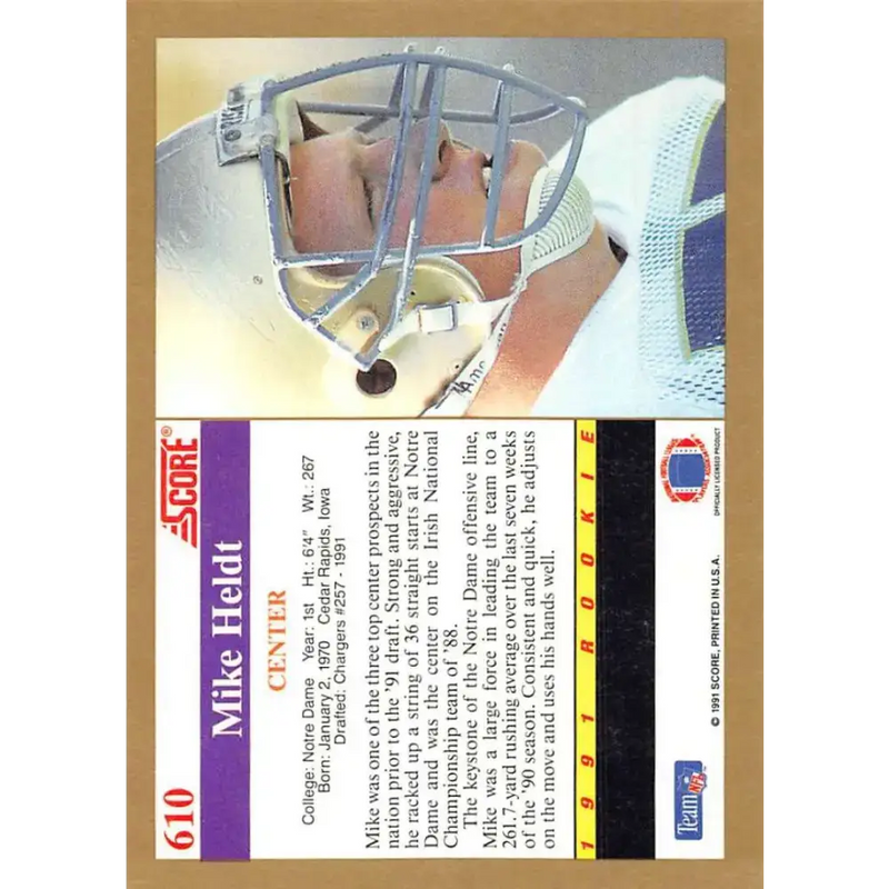 1991 Score #610 Mike Heldt EX Excellent RC Rookie Notre Dame Fighting Irish Football Card - Football Card Single