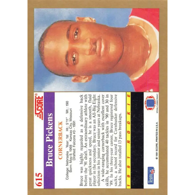 1991 Score #615 Bruce Pickens EX Excellent RC Rookie Nebraska Cornhuskers Football Card - Football Card Single