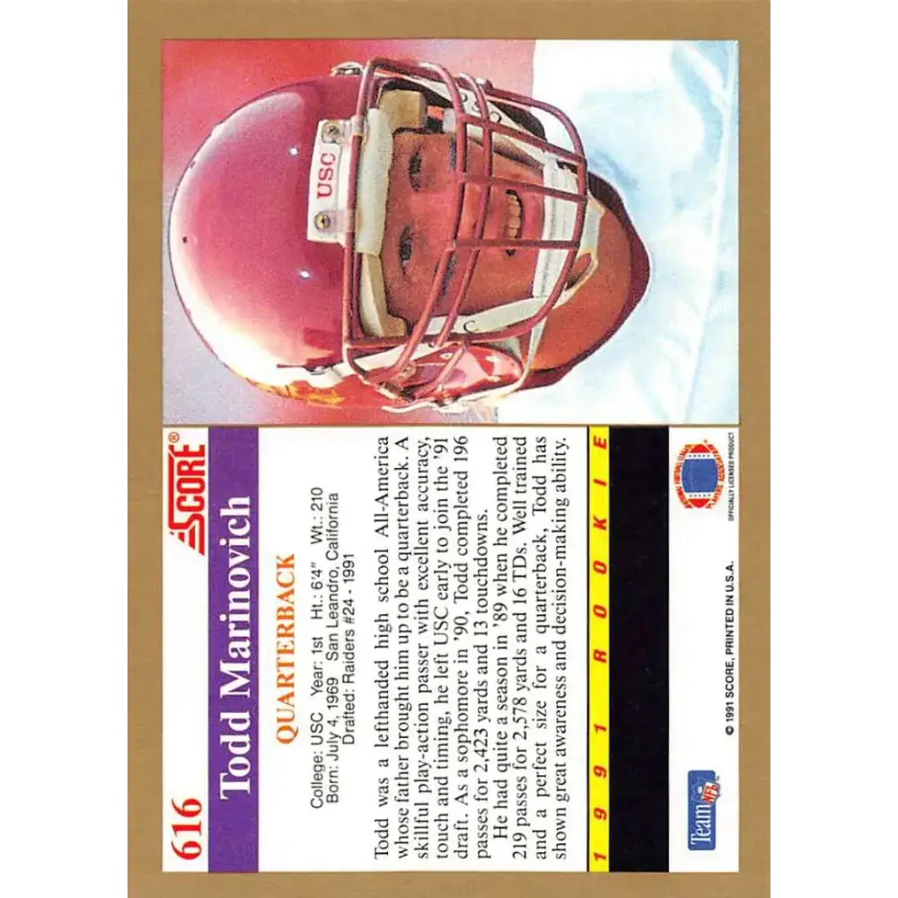 1991 Score #616 Todd Marinovich EX Excellent RC Rookie USC Trojans Football Card - Football Card Single