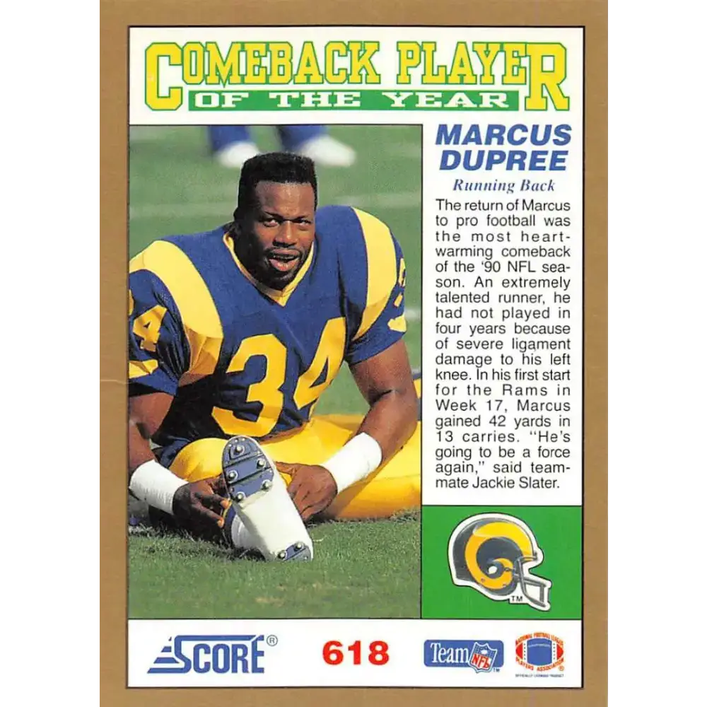 1991 Score #618 Marcus Dupree EX Excellent Los Angeles Rams Football Card - Football Card Single