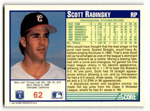 Original gloss Scott Radinsky Chicago White Sox baseball card 1991 Score #62