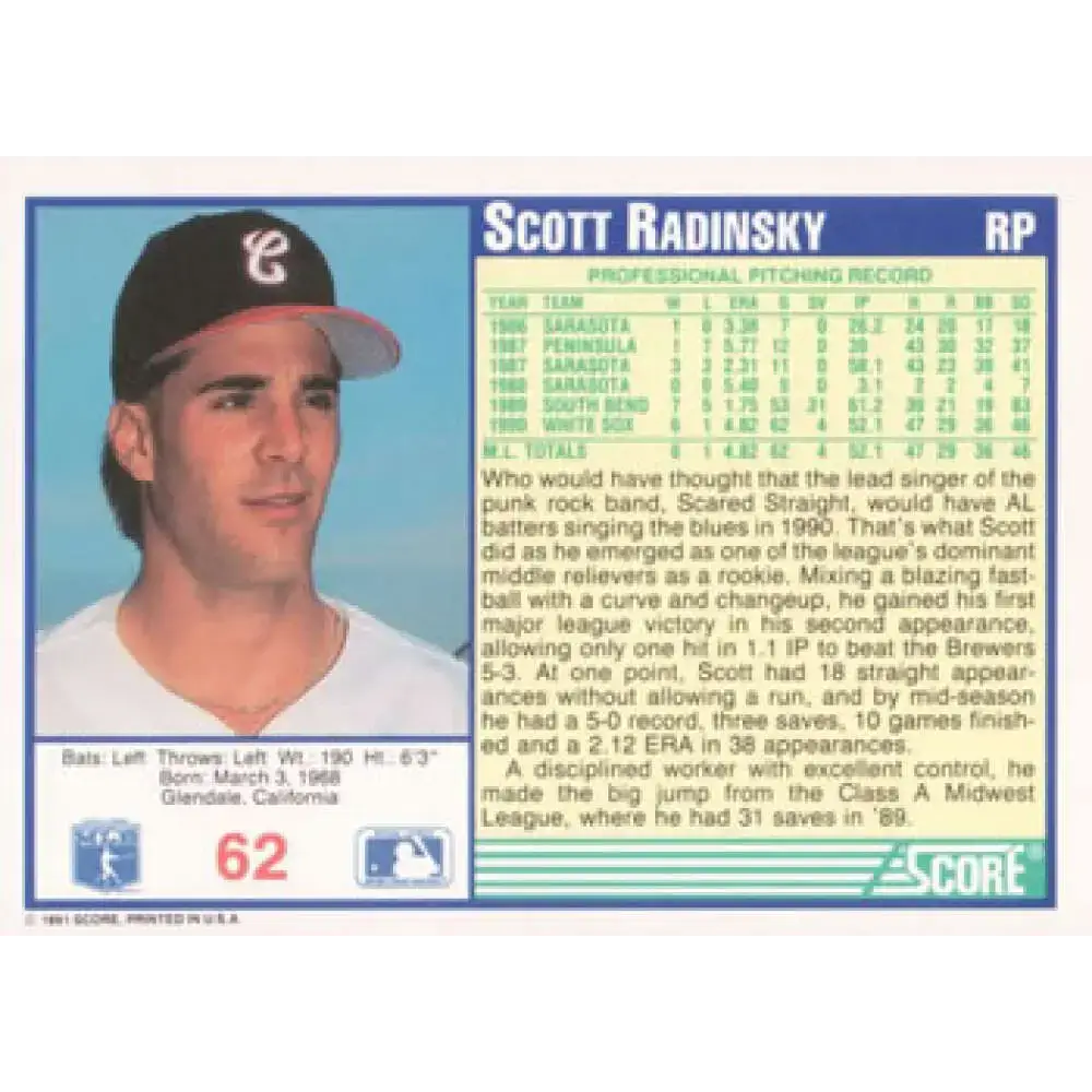 1991 Score #62 Scott Radinsky NM-MT Chicago White Sox Baseball Card - Baseball Card Single