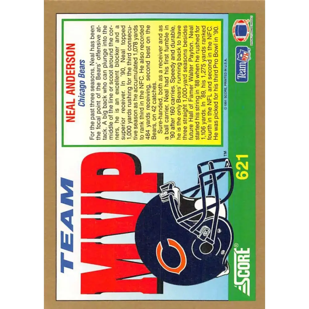 1991 Score #621 Neal Anderson EX Excellent Chicago Bears Football Card - Football Card Single