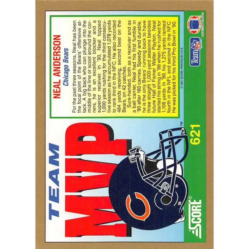 1991 Score #621 Neal Anderson EX Excellent Chicago Bears Football Card - Football Card Single