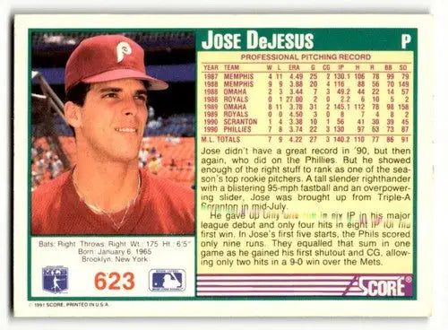 Original gloss 1991 Score Jose DeJesus Philadelphia Phillies baseball card, Phillies collectible