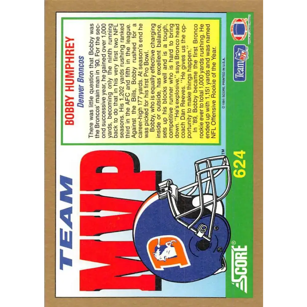 1991 Score #624 Bobby Humphrey EX Excellent Denver Broncos Football Card - Football Card Single
