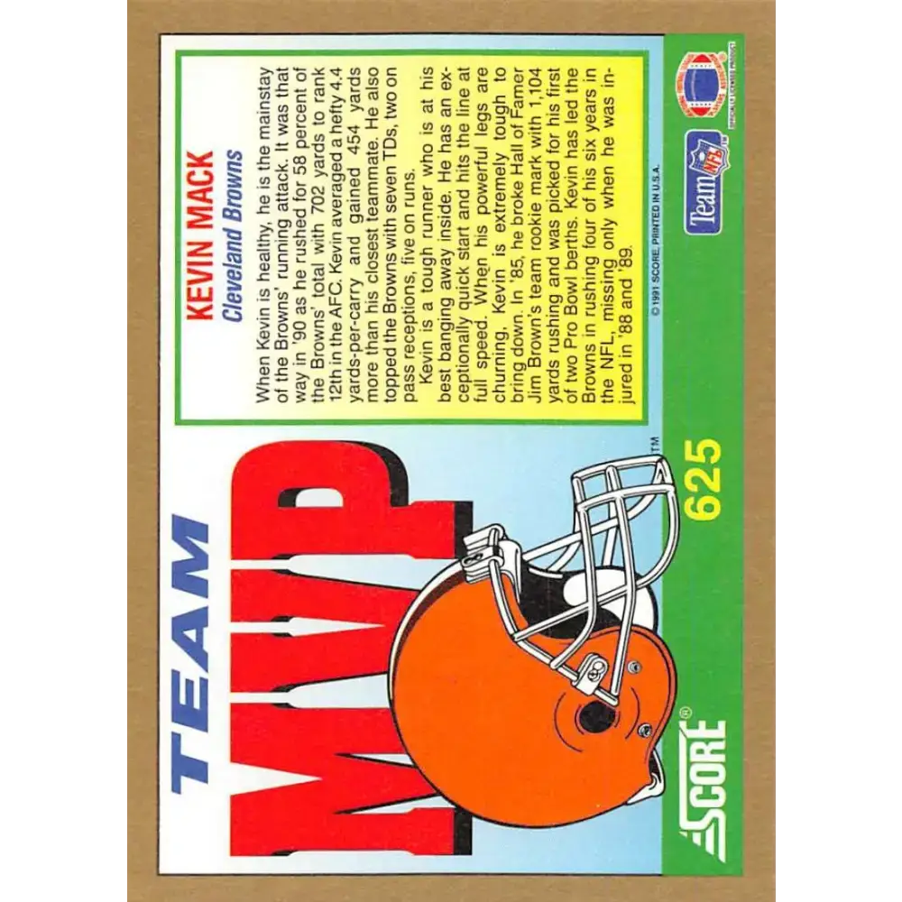 1991 Score #625 Kevin Mack EX Excellent Cleveland Browns Football Card - Football Card Single