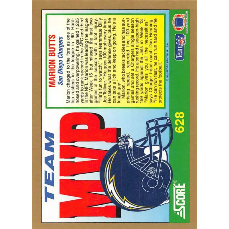 1991 Score #628 Marion Butts EX Excellent San Diego Chargers Football Card - Football Card Single