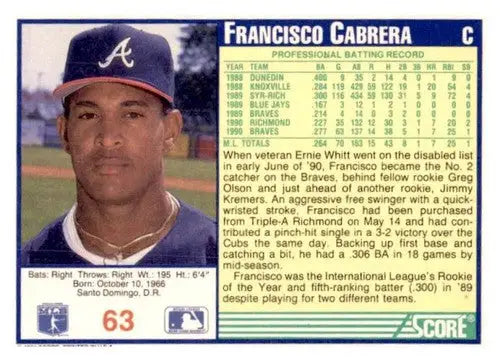 1991 Score #63 Francisco Cabrera EX/NM - Baseball Card Single