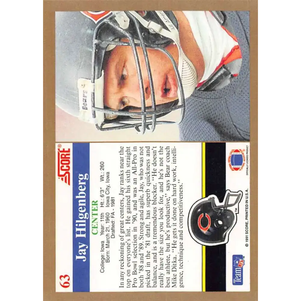 1991 Score #63 Jay Hilgenberg EX Excellent Chicago Bears Football Card - Football Card Single