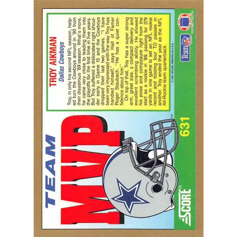 1991 Score #631 Troy Aikman EX Excellent Dallas Cowboys Football Card - Football Card Single