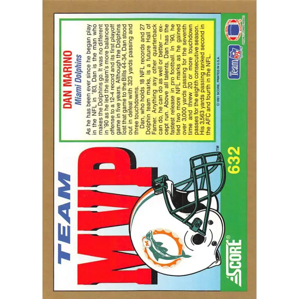 1991 Score #632 Dan Marino EX Excellent Miami Dolphins Football Card - Football Card Single