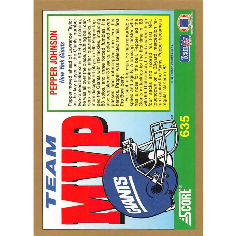 1991 Score #635 Pepper Johnson EX Excellent New York Giants Football Card - Football Card Single