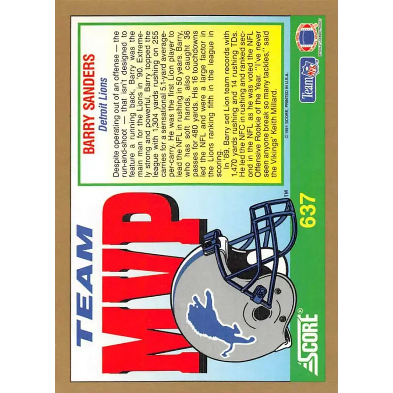 1991 Score #637 Barry Sanders EX Excellent Detroit Lions Football Card - Football Card Single