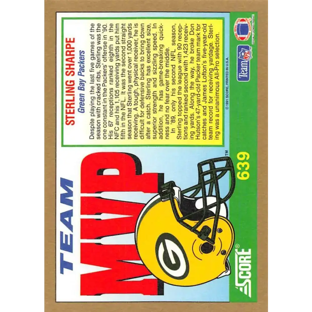 1991 Score #639 Sterling Sharpe EX Excellent Green Bay Packers Football Card - Football Card Single