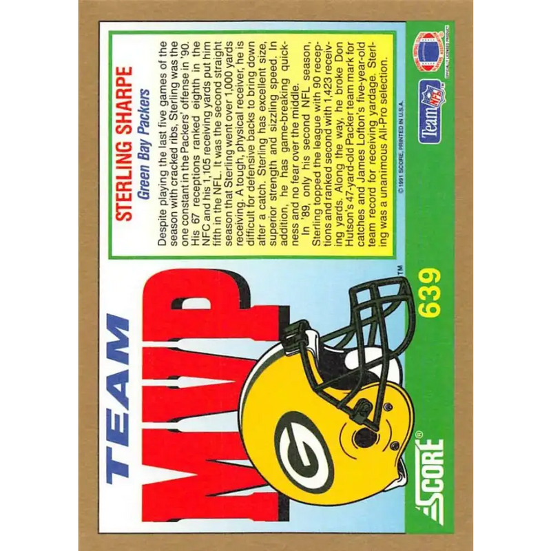 1991 Score #639 Sterling Sharpe EX Excellent Green Bay Packers Football Card - Football Card Single