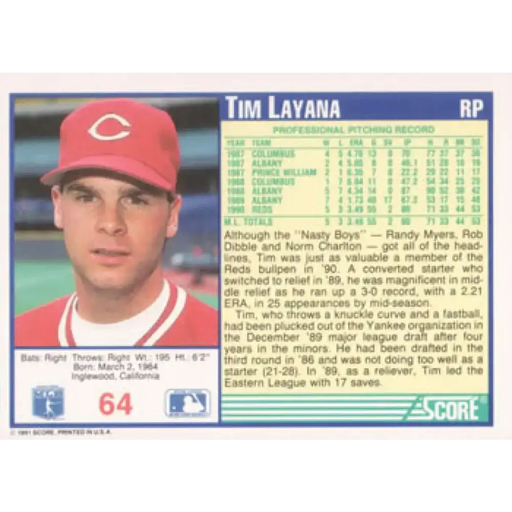 1991 Score #64 Tim Layana NM-MT Cincinnati Reds Baseball Card - Baseball Card Single