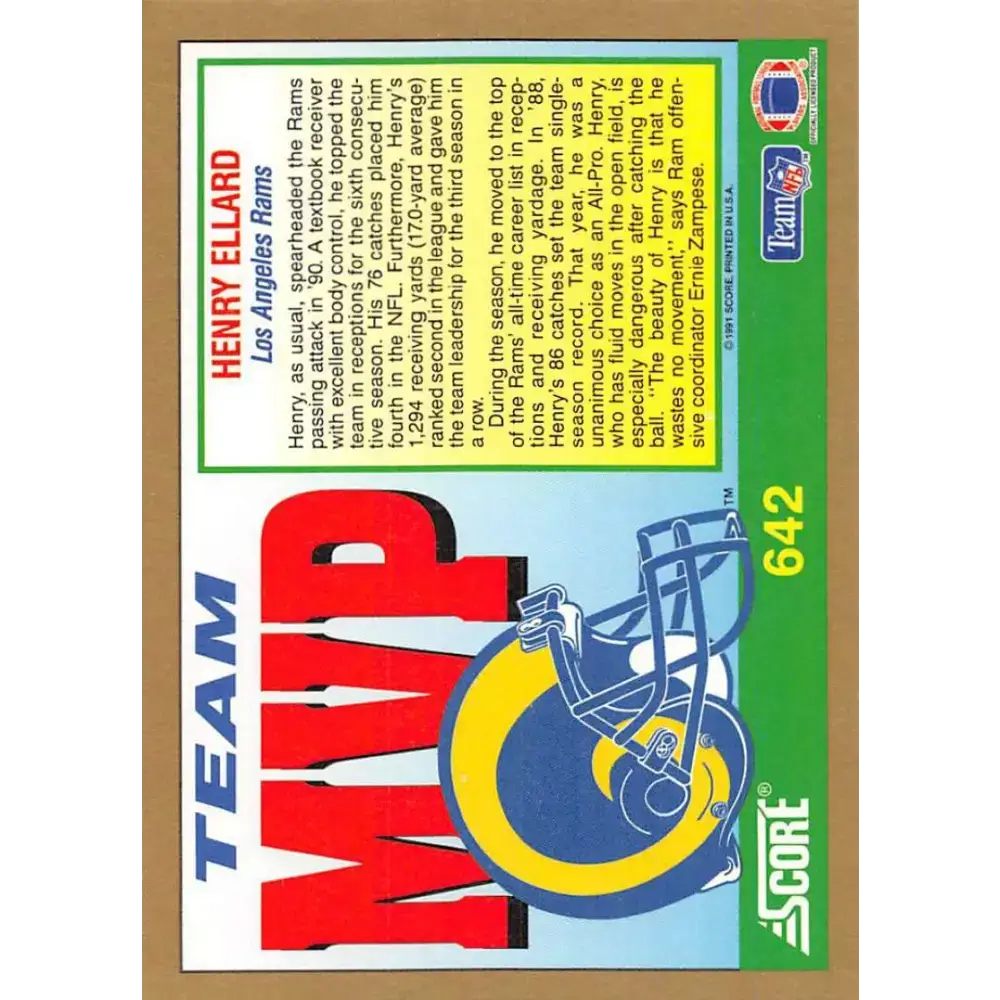 1991 Score #642 Henry Ellard EX Excellent Los Angeles Rams Football Card - Football Card Single
