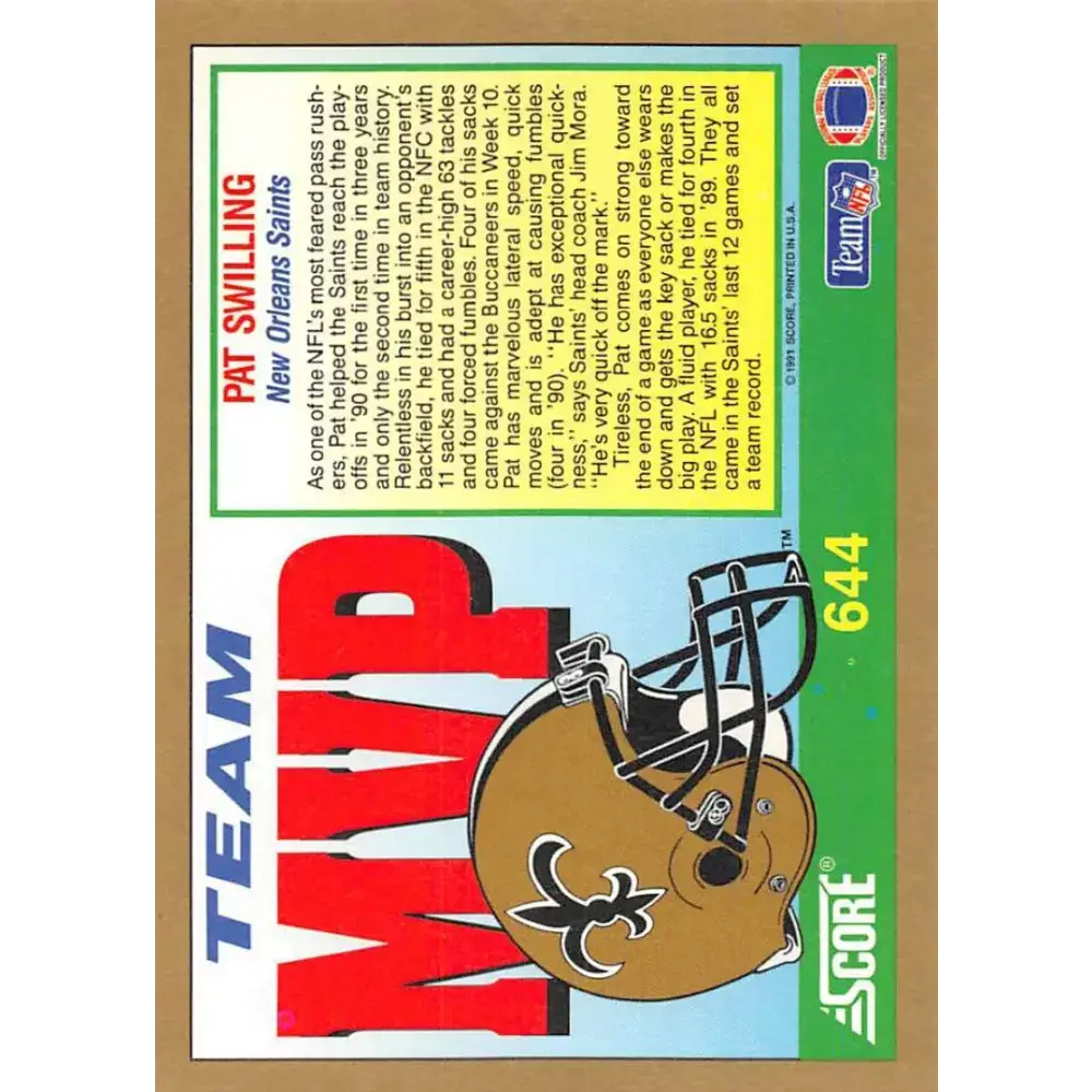 1991 Score #644 Pat Swilling EX Excellent New Orleans Saints Football Card - Football Card Single