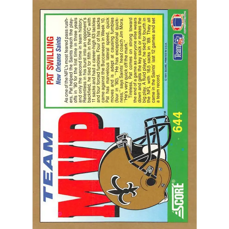 1991 Score #644 Pat Swilling EX Excellent New Orleans Saints Football Card - Football Card Single