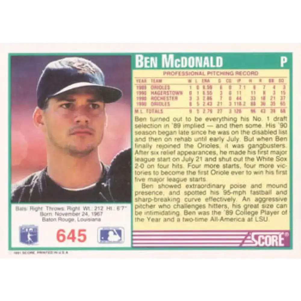 1991 Score #645 Ben McDonald NM-MT Baltimore Orioles Baseball Card - Baseball Card Single
