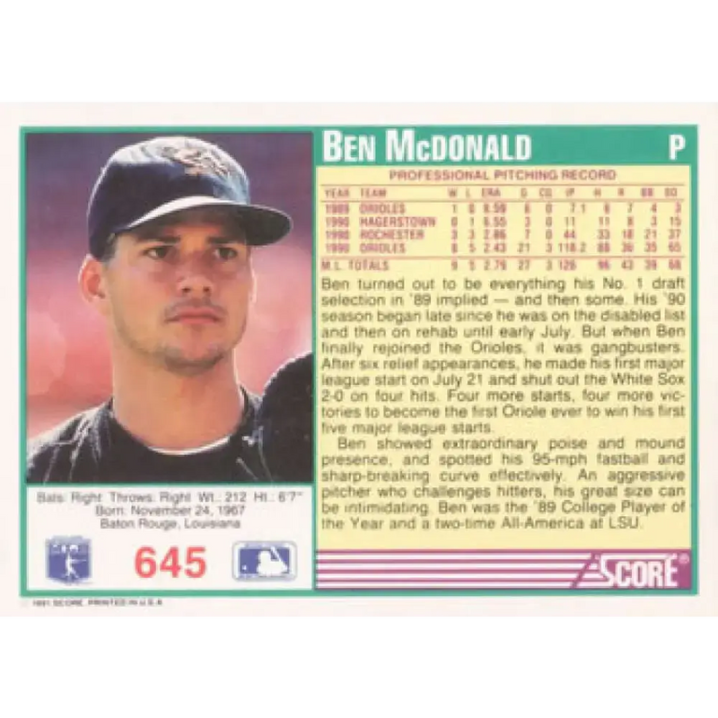1991 Score #645 Ben McDonald NM-MT Baltimore Orioles Baseball Card - Baseball Card Single
