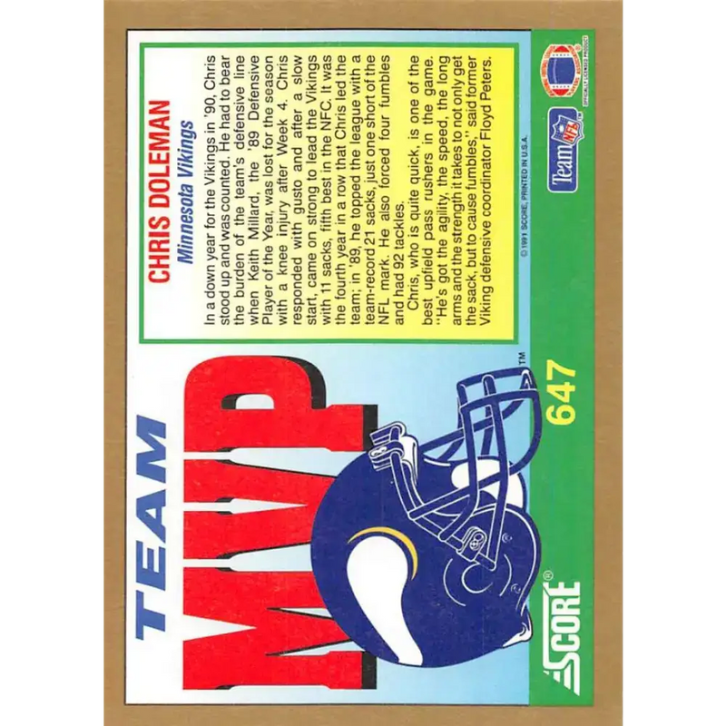 1991 Score #647 Chris Doleman EX Excellent Minnesota Vikings Football Card - Football Card Single