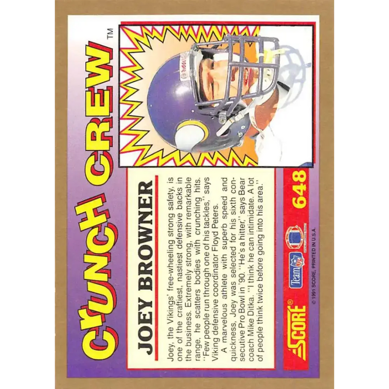 1991 Score #648 Joey Browner EX Excellent Minnesota Vikings Football Card - Football Card Single