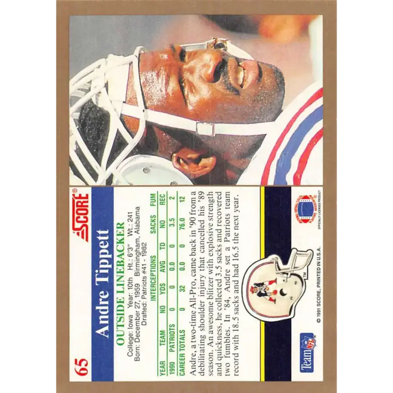 1991 Score #65 Andre Tippett EX Excellent New England Patriots Football Card - Football Card Single