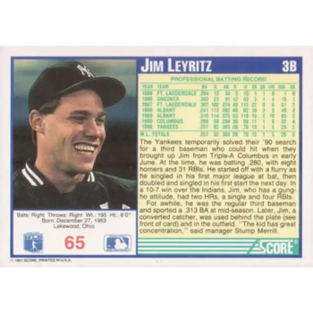 1991 Score #65 Jim Leyritz NM-MT New York Yankees Baseball Card - Baseball Card Single