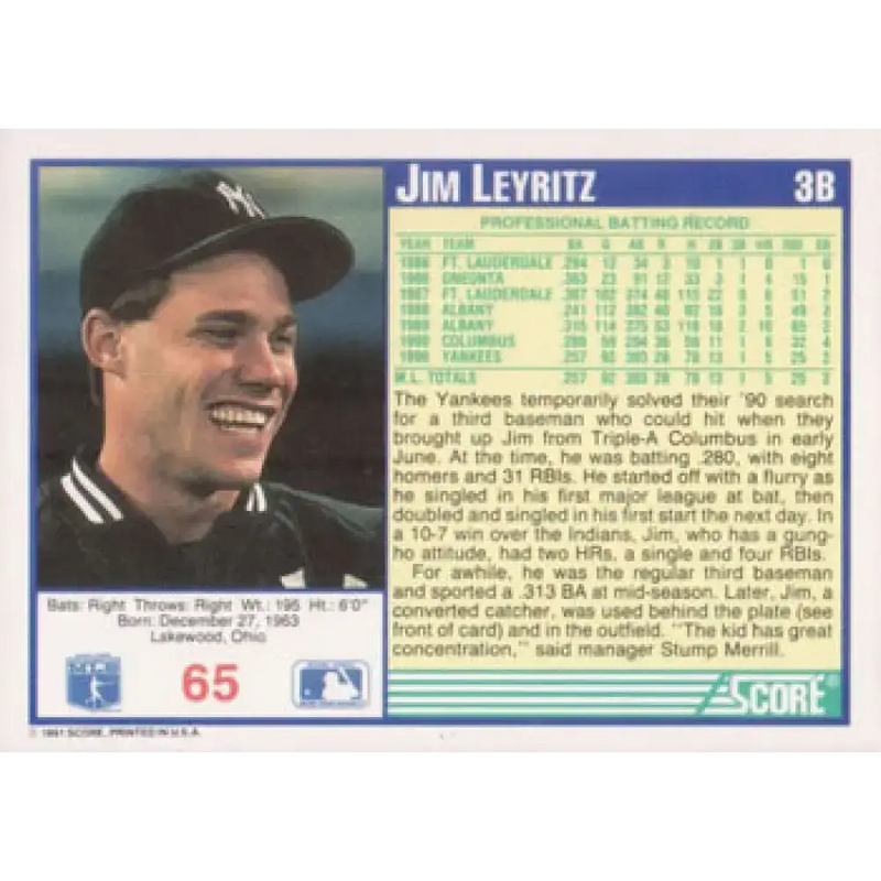 1991 Score #65 Jim Leyritz NM-MT New York Yankees Baseball Card - Baseball Card Single