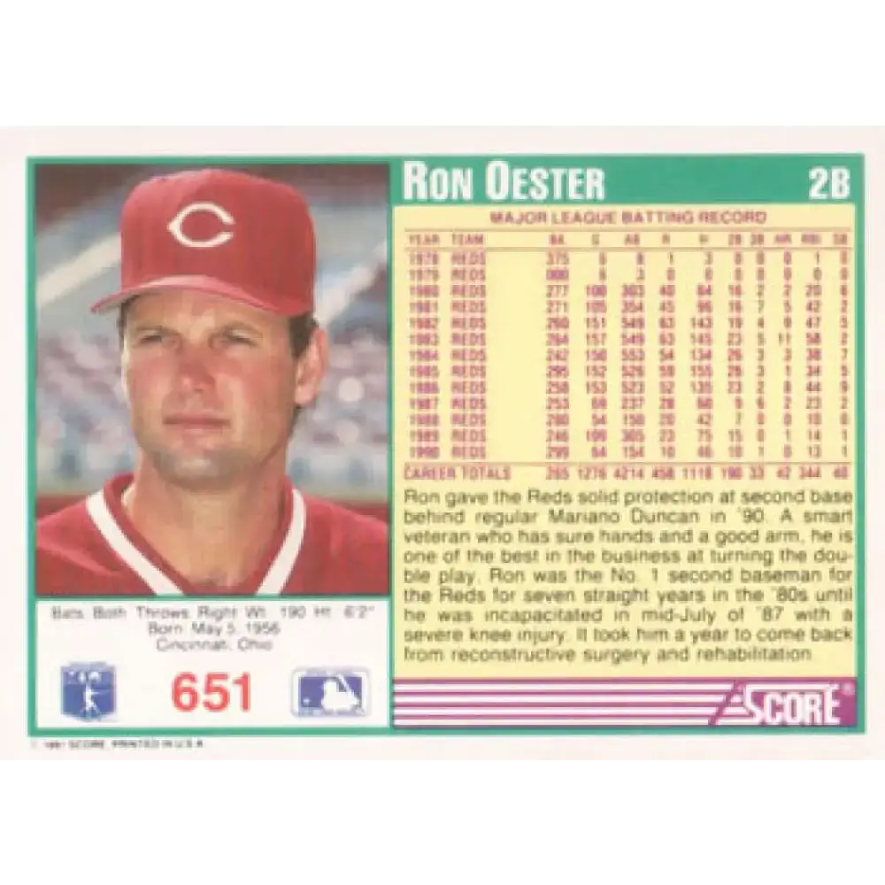 1991 Score #651 Ron Oester NM-MT Cincinnati Reds Baseball Card - Baseball Card Single