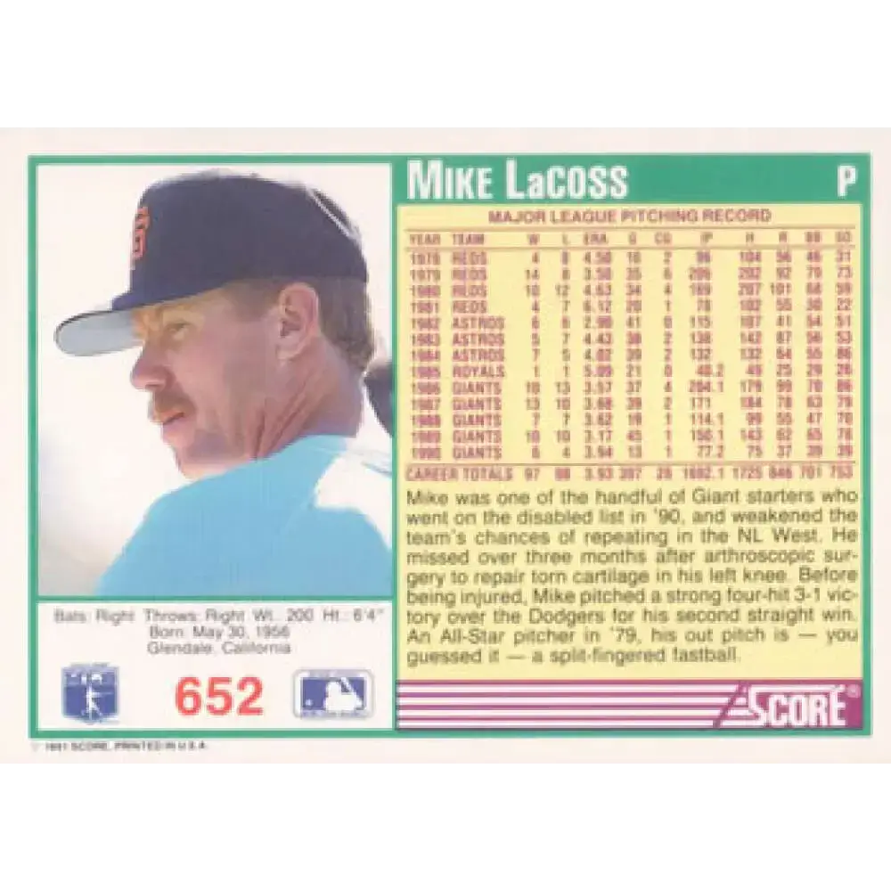 1991 Score #652 Mike LaCoss NM-MT San Francisco Giants Baseball Card - Baseball Card Single