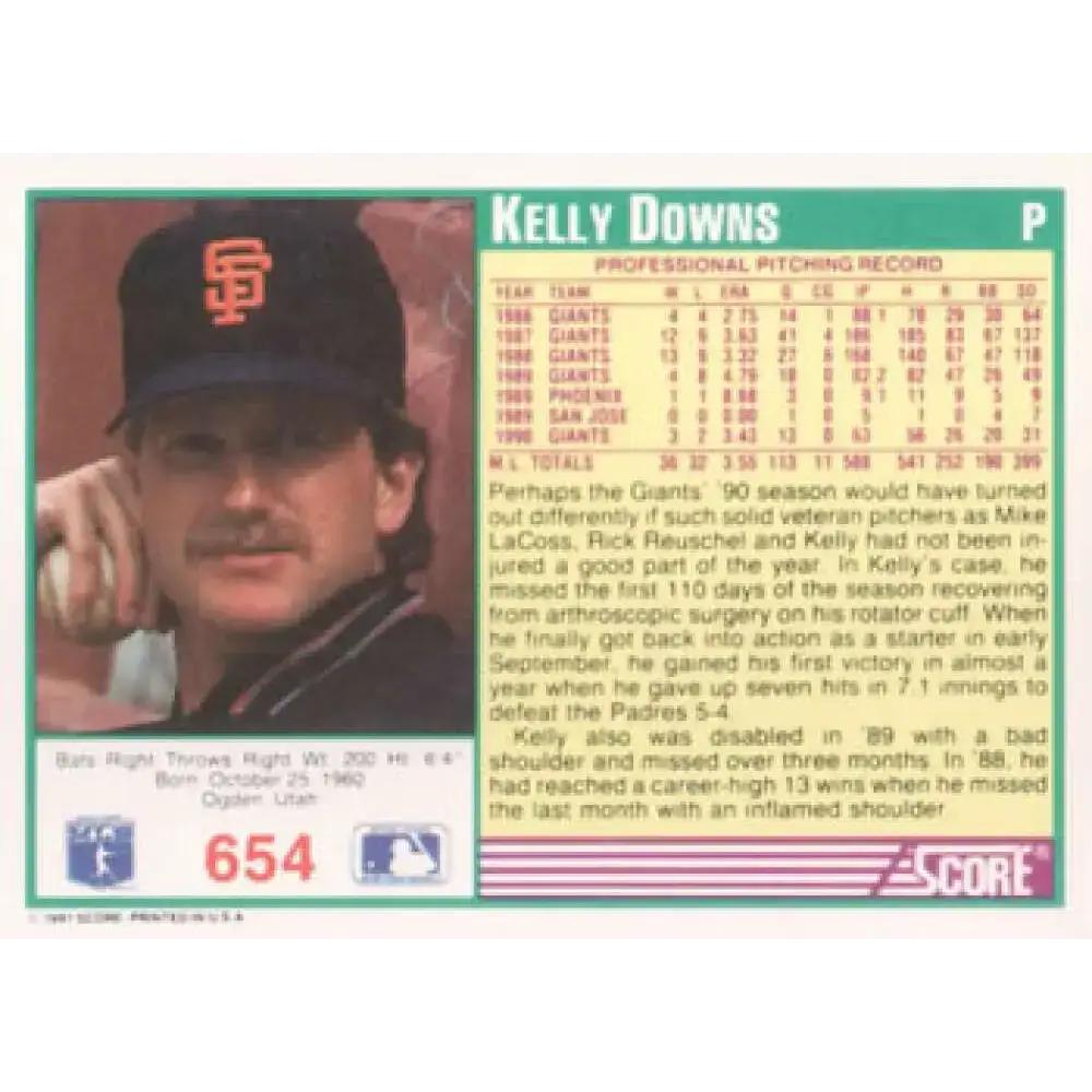 1991 Score #654 Kelly Downs NM-MT San Francisco Giants Baseball Card - Baseball Card Single