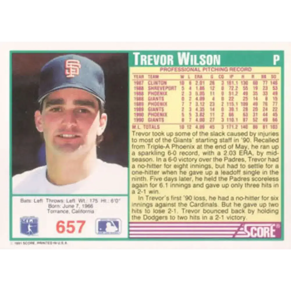 1991 Score #657 Trevor Wilson NM-MT San Francisco Giants Baseball Card - Baseball Card Single